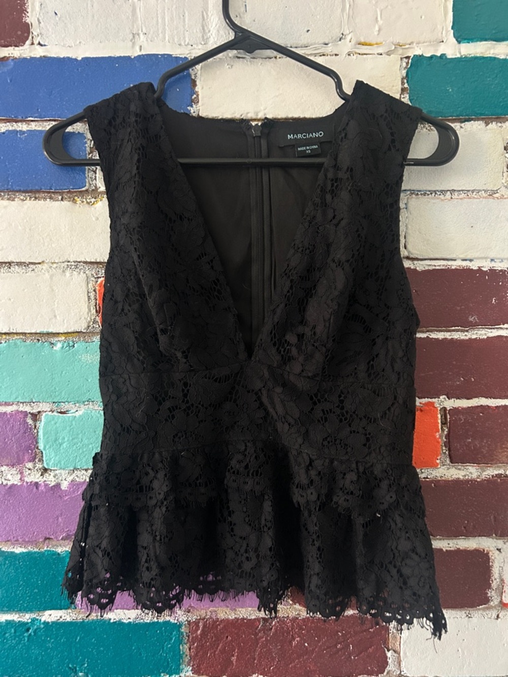 Marciano Black Lace Peplum V-Neck Blouse